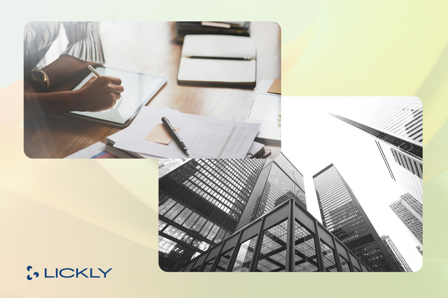 Lickly logo with a viewpoint of buildings and a person taking notes on a desk.